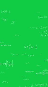 math theory formulas isolated flying green screen animation, chroma key mathematics calculations ,algebra and geometry science education stream vertical social media motion design element
