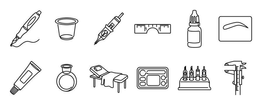 Microblading and permanent makeup tools icon set with various professional equipment for eyebrow correction procedures, including pen, needle, pigment, and ruler in a linear style