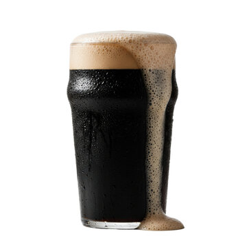 A Nonic pint glass of intensely dark stout beer with fresh condensation droplets, dense creamy microfoam, on a reflective white background with copy space, concept for beverage advertising