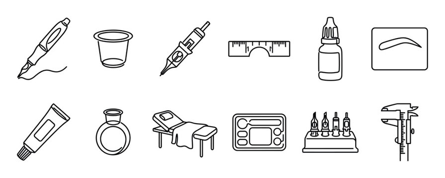 Permanent makeup and microblading tools icon set with a machine, needle, pigment, ruler, caliper, and salon bed, rendered in a simple black and white line art vector style