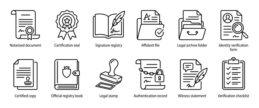 Legal documents and notary services line icon set showing notarized papers, certification seals, signature registries, and legal stamps for official verification and authentication concepts