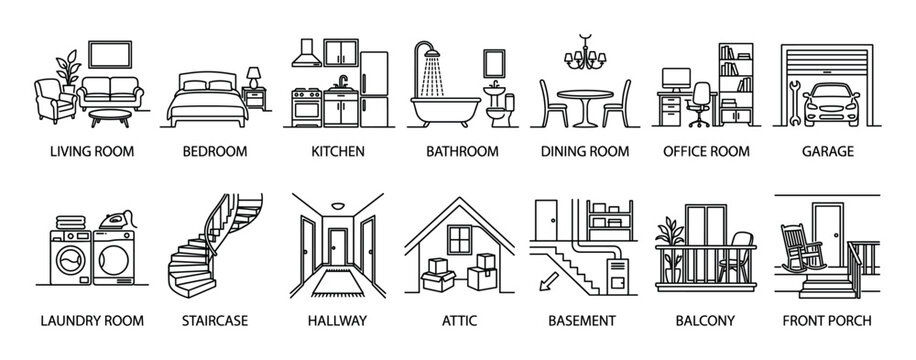 Collection of house room line icons showing different interior and exterior spaces like the living room, kitchen, bedroom, and garage in a simple minimalist vector illustration style