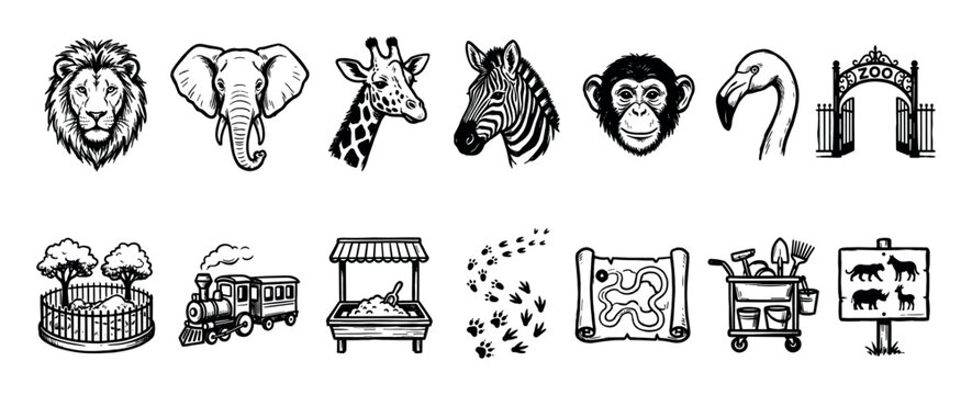 Set of hand-drawn zoo-themed icons in a monochrome sketch style, featuring animal portraits like a lion and elephant, and park elements such as an entrance gate, map, and train
