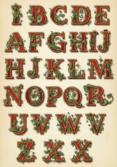 Naklejka premium Collection of Vintage Illuminated Letters with Red Fill and Green Foliage Ornaments on Aged Parchment