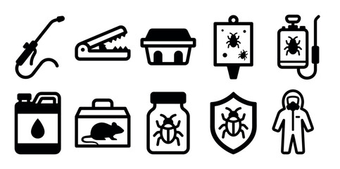 Fototapeta premium Set of black pest control service icons showing various tools and methods for extermination, including sprayers, traps, poison, and protective gear in a simple graphic style