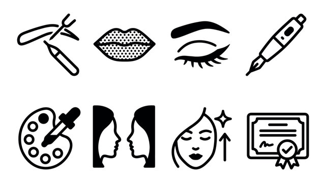 Set of black line art icons for permanent makeup and cosmetology, representing beauty salon services like microblading, lip blush, lash extensions, and aesthetic procedures