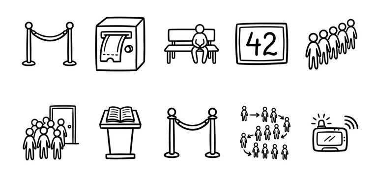 Hand drawn set of queue management icons showing people waiting in line, a ticket dispenser, a number display, a pager, and crowd control stanchions in a simple doodle sketch style
