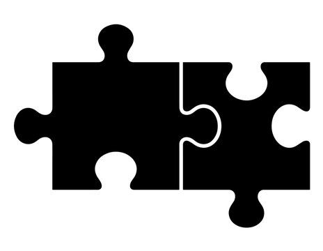 Two connected black puzzle pieces as a symbol of teamwork and problem solving with connected teamwork solution
