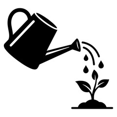Gardening icon featuring a watering can pouring water onto a small growing plant seedling gardening © Roushon