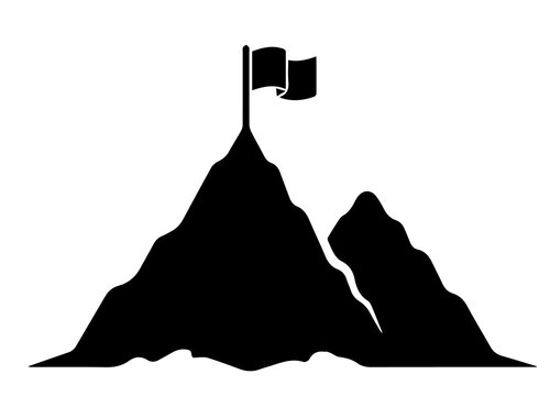 Mountain summit with a flag planted on top symbolizing success achievement reaching goals mountain achievement