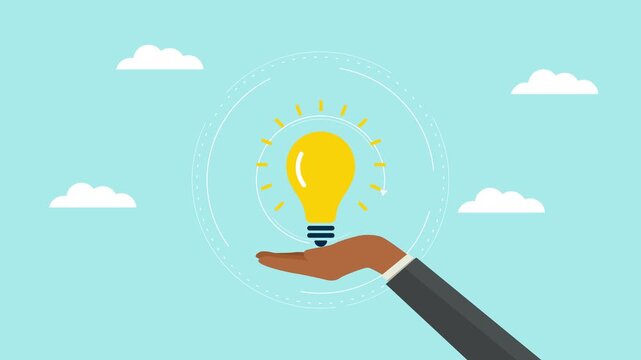 Hand Holding Glowing Light Bulb Creative Idea Flat Animation