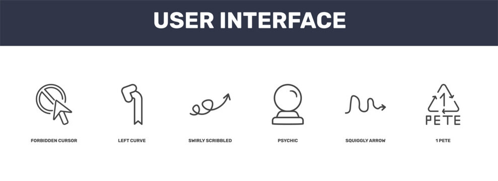 user interface icon set with forbidden cursor, left curve, squiggly arrow, 1 pete signs in flat outline style