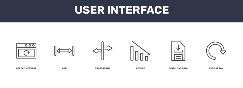 user interface icon set with reload webpage, gap, download data, redo arrow signs in flat outline style
