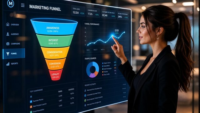 Businesswoman Analyzing Marketing Funnel Performance and Sales Data on Digital Dashboard