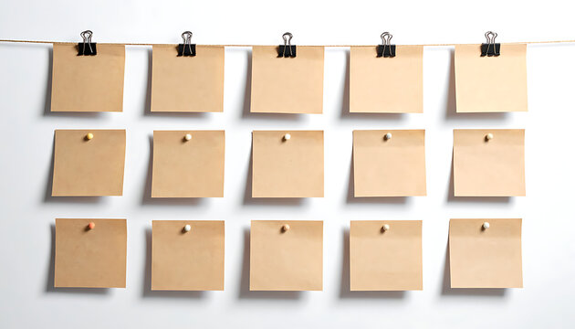 Blank vintage kraft paper notes hung on string with binder clips and push pins for reminders and scheduling