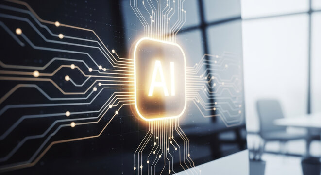 Artificial intelligence chip icon glowing with orange circuit lines connected on dark display panel symbolizing advanced neural network technology.