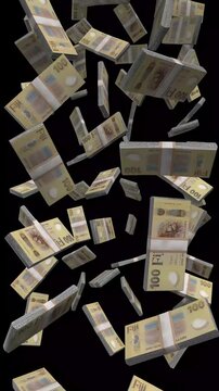 Vertical Fiji Money, Falling Fijian Dollar Bills Black Background, Premium Oceania Finance Cash Stacks, 4K