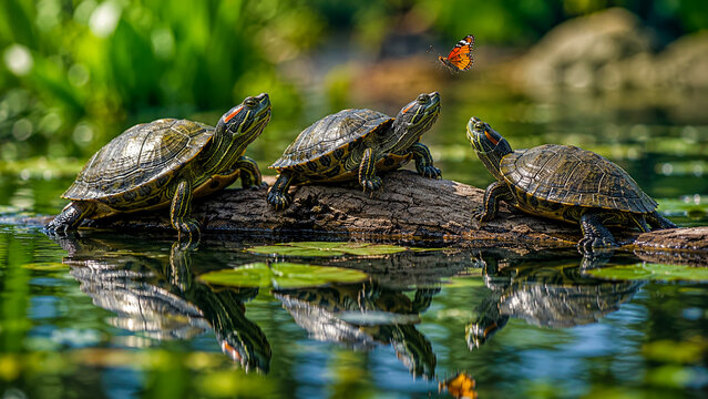 Three red-eared slider turtles resting on a log in a pond watching a butterfly.