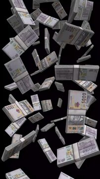 Vertical Malawi Money, Falling Malawian Kwacha Bills Black Background, Premium African Finance Cash Stacks, 4K