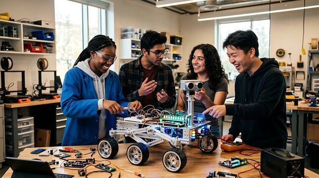Diverse students collaborating on a robotic rover in a modern lab
