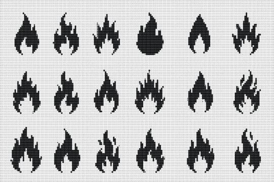 Set of black and white fire flames silhouettes on transparent background in pixel art style.