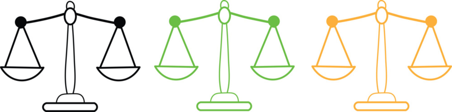 Set of colorful balance scales icons in black green and orange colors for justice equality and fairness concepts  various colored scales