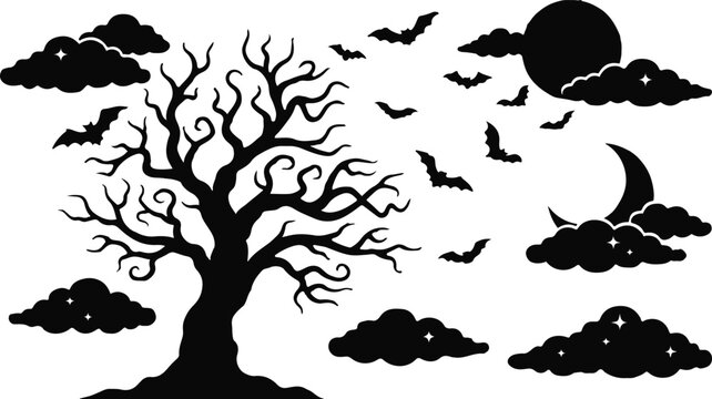Spooky halloween vector bundle silhouette tree bats moon and clouds for creepy designs