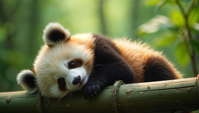 A fluffy red panda cub rests on a thick bamboo branch surrounded by soft green forest foliage, an adorable and peaceful wildlife portrait of an endangered species.