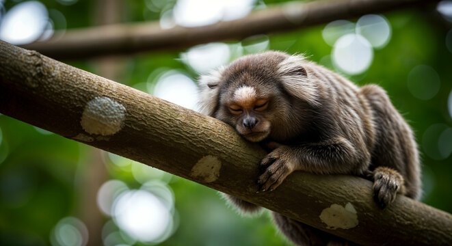 A tiny marmoset monkey sleeps curled on a tree branch amid lush green jungle foliage with soft glowing bokeh behind, a calm and peaceful tropical wildlife scene.