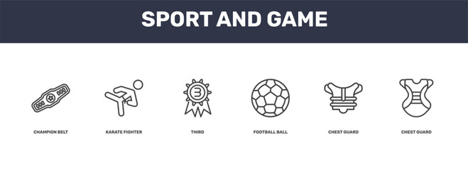 sport and game icon set with champion belt, karate fighter, chest guard, chest guard signs in flat outline style © Abstract