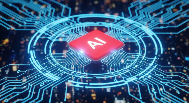 Artificial intelligence chip with glowing circuits representing futuristic advanced digital neural network processing technology infrastructure.
