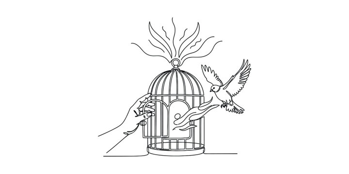Bird flying out of cage freedom.