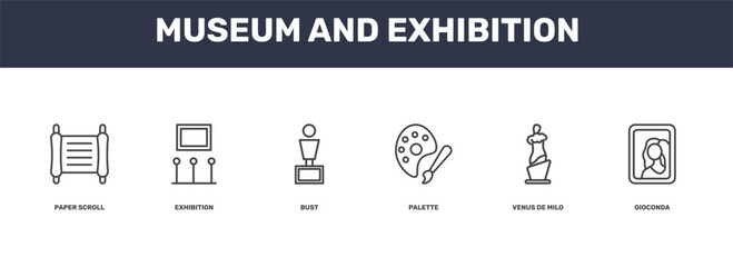 museum and exhibition icon set with paper scroll, exhibition, venus de milo, gioconda signs in flat outline style © Abstract
