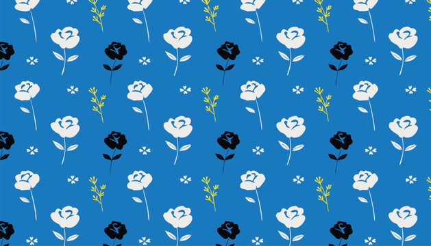 Abstract blue and white rose pattern with yellow botanical sprigs and small flowers