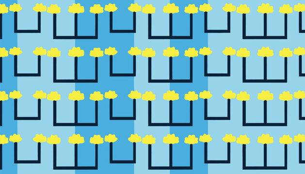 Abstract geometric pattern of yellow cloud shapes on blue plaid background