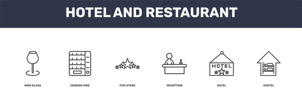 hotel and restaurant icon set with wine glass, vending hine, hotel, hostel signs in flat outline style