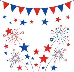Fototapeta premium Patriotic bunting with stars and fireworks illustration on a white background silhouette