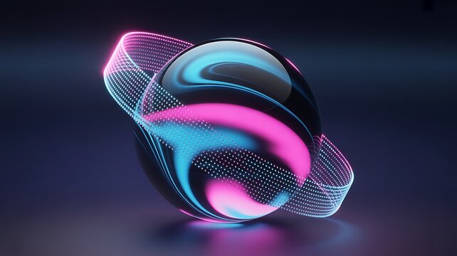 Blue sphere for website. Abstract odern transparent liquid sphere fluorescent glow. Graphic neon mesh sphere dots. Blue and pink liquid 3D sphere dark background. 
