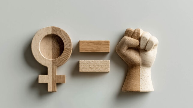 Wooden female gender symbol with equality sign and raised fist representing feminism, women&rsquo;s rights and empowerment movement