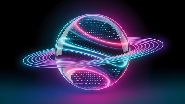 Blue sphere for website. Abstract odern transparent liquid sphere fluorescent glow. Graphic neon mesh sphere dots. Blue and pink liquid 3D sphere dark background. 