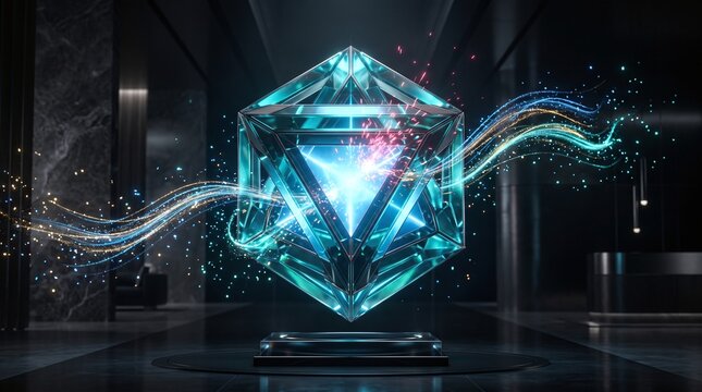 Futuristic Quantum Core Crystal Cube with Glowing Light Energy Particles