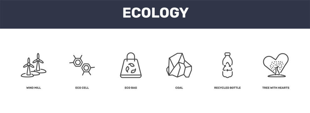 ecology icon set with wind mill, eco cell, recycled bottle, tree with hearts signs in flat outline style