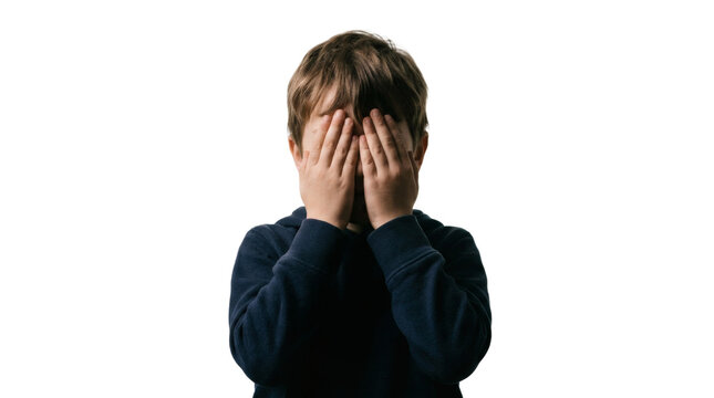 Young boy covering face with hands in gesture of shame or embarrassment PNG Isolated on transparent background