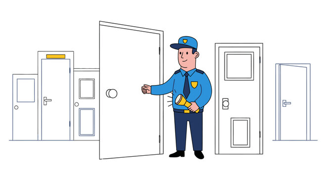 Security guard with flashlight opening a door
