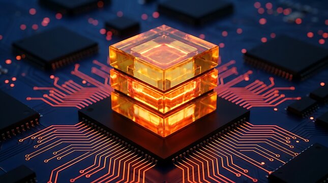 Glowing orange cube with golden frame sits atop black computer chip with bright red circuit lines radiating outward on a blue motherboard symbolizing advanced technology and data processing.