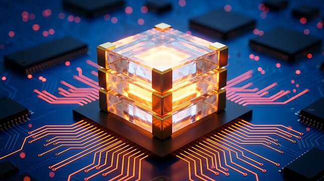 Glowing orange cube with golden frame sits atop black computer chip with bright red circuit lines radiating outward on a blue motherboard symbolizing advanced technology and data processing.