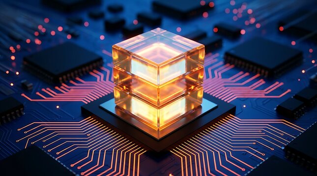 Glowing orange cube with golden frame sits atop black computer chip with bright red circuit lines radiating outward on a blue motherboard symbolizing advanced technology and data processing.