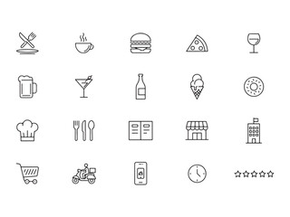 Fototapeta premium Various food and restaurant related icons and symbols used online menu and delivery