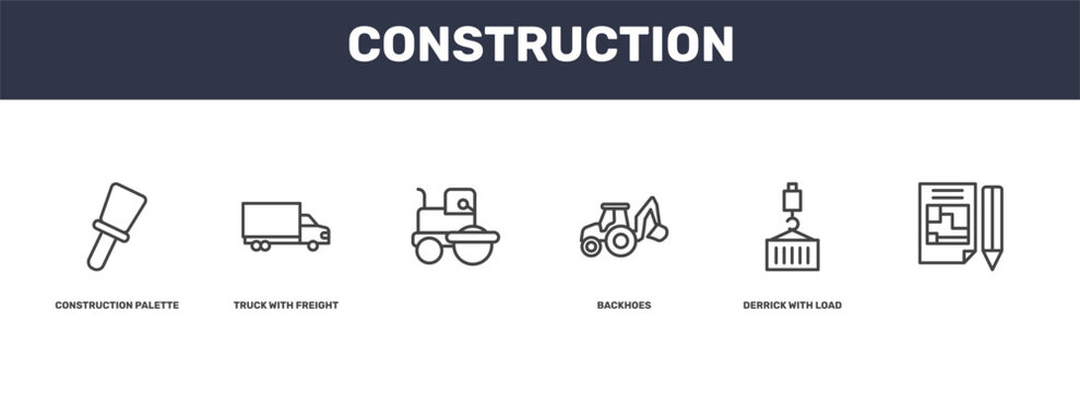 construction icon set with construction palette, truck with freight, derrick with load, signs in flat outline style