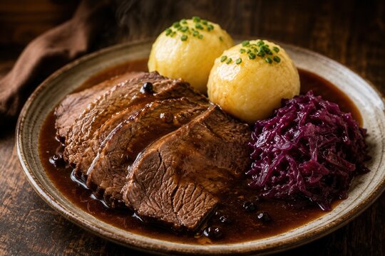 Zarter Sauerbraten mit dunkler So&szlig;e, Rotkohl und zwei Kartoffelkl&ouml;&szlig;en auf rustikalem Teller &ndash; traditionell fr&auml;nkische deutsche Hausmannskost als beliebtes Festgericht.